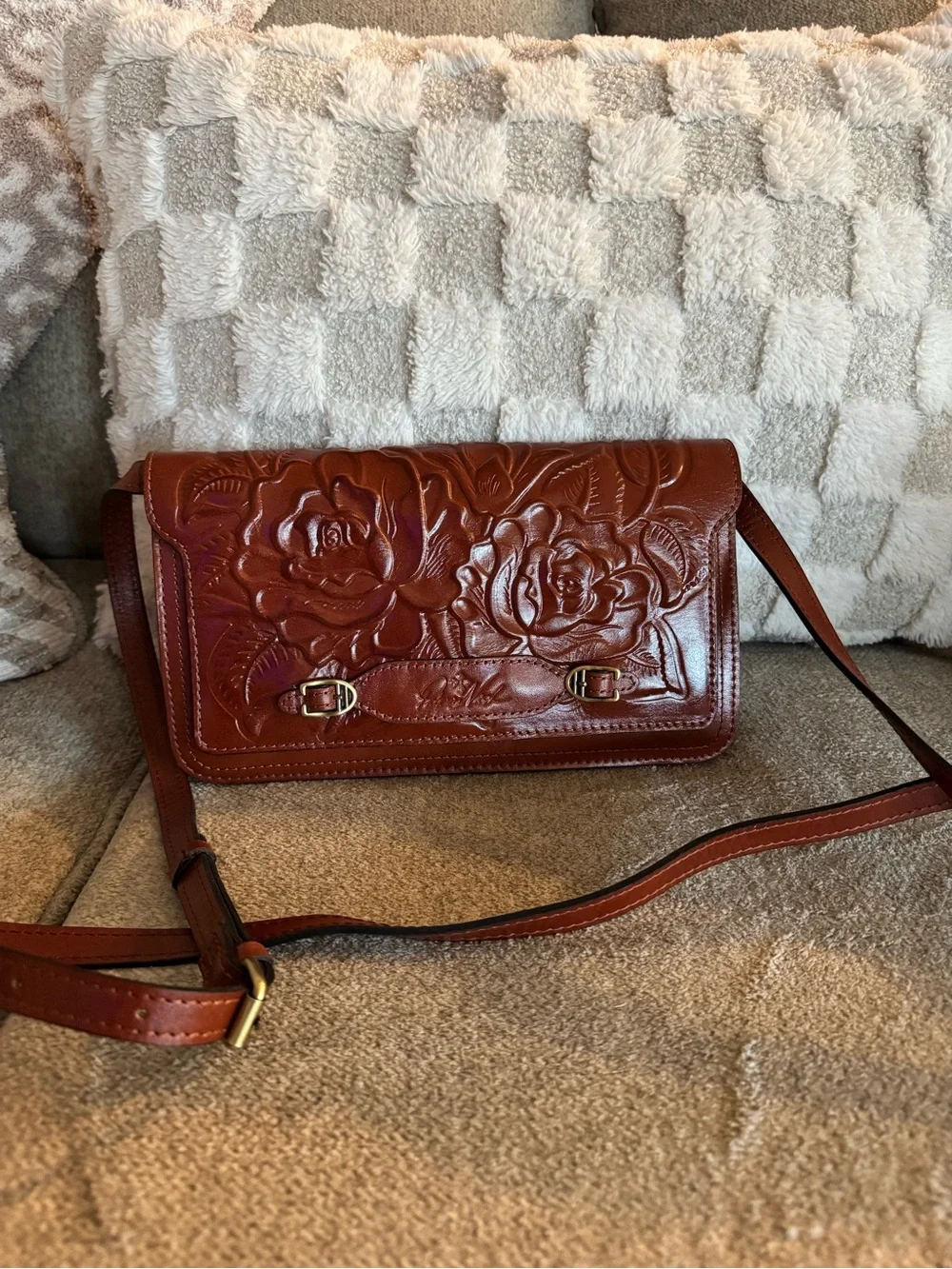 Patricia Nash Embossed Floral Leather Crossbody in Chestnut Brown